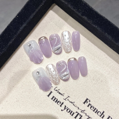 Handmade Press on Nails Blue Aurora Mermaid Fake Nail Patches Wearable Detachable French Pearl Almond False Nail Tips 10pcs