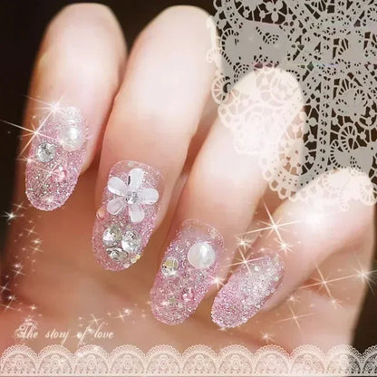 Press on Acrylic Nails Almond Full Cover Fake Nail with 3D Yellow Peach Floral False Nails with Glue Detachable Stick on Nails