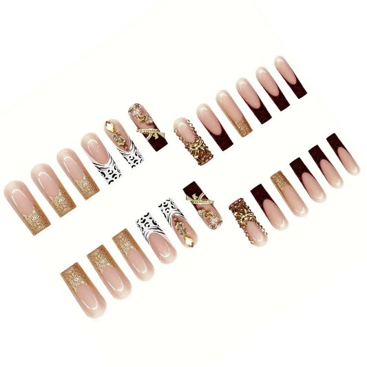 24 Pieces of Long Square Armor Gold French White Leopard Print French 3d Gold Gun Flash Diamond Gold Dollar Diamond Gold -