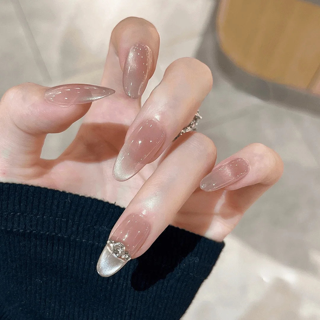 10Pcs Handmade Press on Nails Full Cover Rhinestone Design French Almond False Nails Artificial Wearable Manicure Nail Tips Art