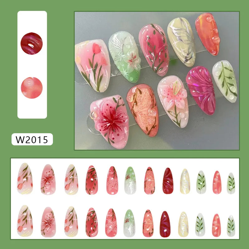 24pcs Blue Ocean Series False Nails Aurora Mermaid Shell Pearl Design Fake Nails Fairy Sweet Style French Almond Press on Nails