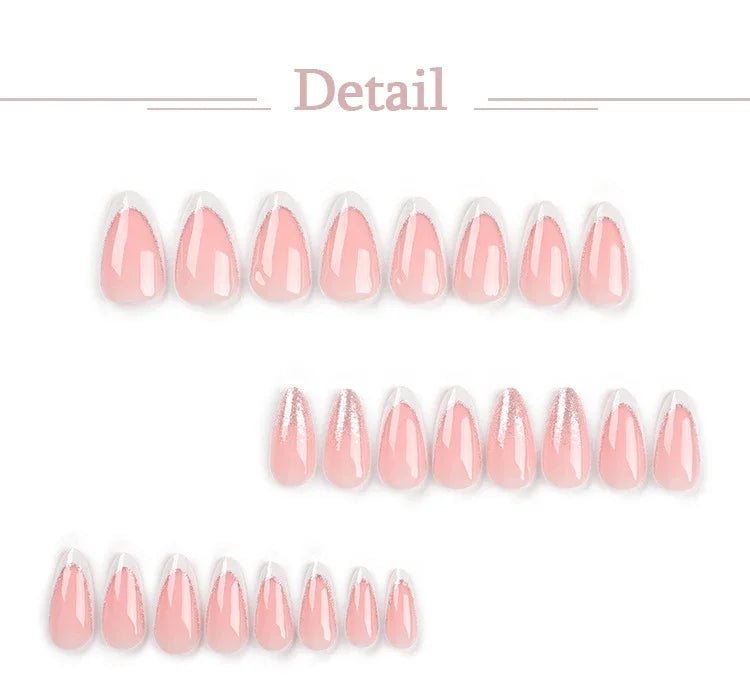 Elegant French Noble Gold Glitter Powder White Simple Almond Fake Nails Art False Nails Charm Tips Press on Nails Manicure Tools