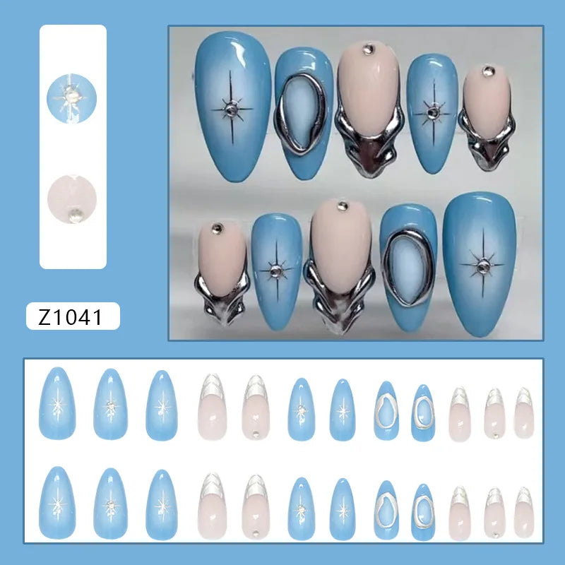 24pcs Blue Ocean Series False Nails Aurora Mermaid Shell Pearl Design Fake Nails Fairy Sweet Style French Almond Press on Nails