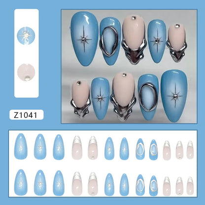 24pcs Blue Ocean Series False Nails Aurora Mermaid Shell Pearl Design Fake Nails Fairy Sweet Style French Almond Press on Nails