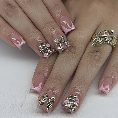 24pcs Short Duck Shaped False Nails Y2k Punk Style Rose Pink Black French Tips Press On Nail Diamond Star Flower Decor Fake Nail