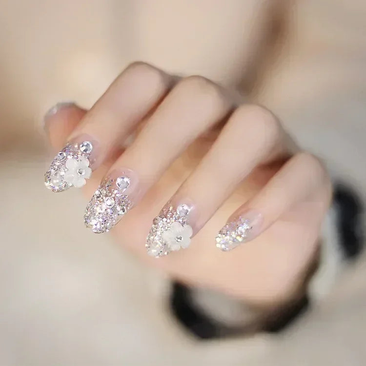 Press on Acrylic Nails Almond Full Cover Fake Nail with 3D Yellow Peach Floral False Nails with Glue Detachable Stick on Nails