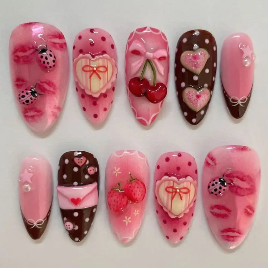 24 uñas postizas con estampado de flores, color vino tinto, rubor, almendra, reutilizables, para verano.