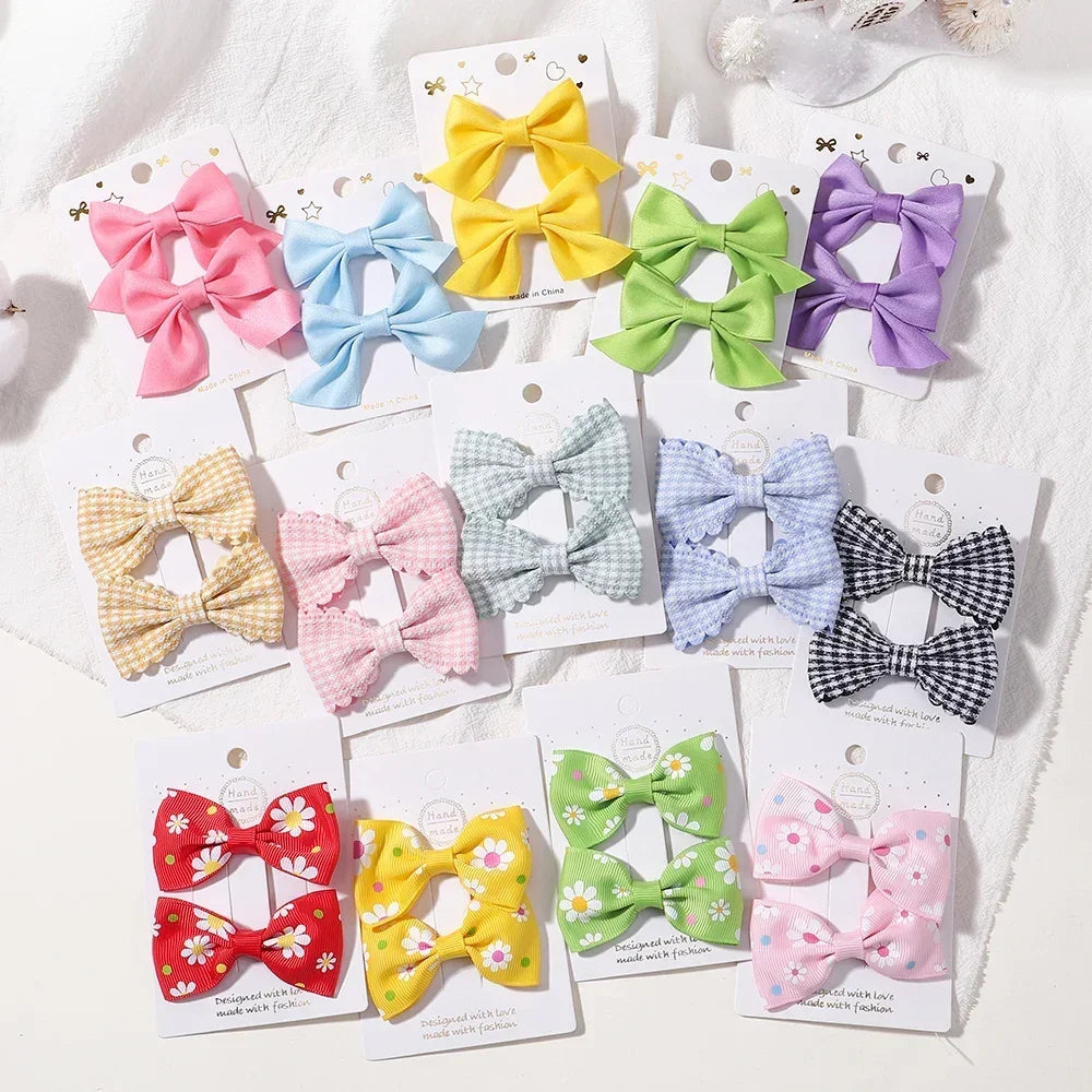 2Pcs/Set Solid Color Kids Bows Hair Clips for Baby Girls Handmade Plaid Bowknot Hairpin Barrettes Photograph Hair Accessories