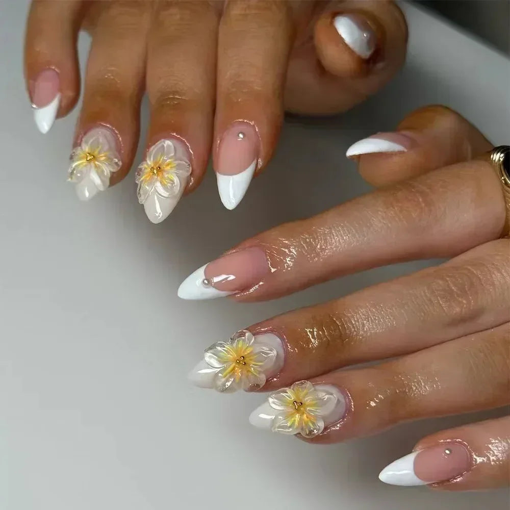 Press on Acrylic Nails Almond Full Cover Fake Nail with 3D Yellow Peach Floral False Nails with Glue Detachable Stick on Nails