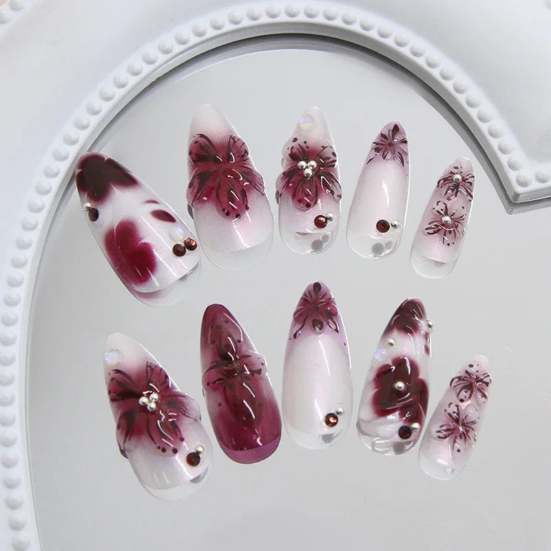 24 uñas postizas con estampado de flores, color vino tinto, rubor, almendra, reutilizables, para verano.