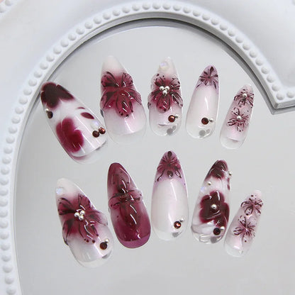 24 uñas postizas con estampado de flores, color vino tinto, rubor, almendra, reutilizables, para verano.