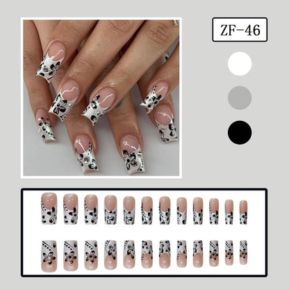 24pcs y2k Black French Press on Nails Short Square Pink Heart Fake Nails Full Cover Wearable Sweet Valentine's Day False Nails