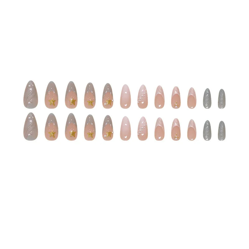 24pcs Blue Ocean Series False Nails Aurora Mermaid Shell Pearl Design Fake Nails Fairy Sweet Style French Almond Press on Nails