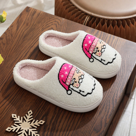 Zapatillas de lana unisex para el hogar, de invierno, con diseño de Papá Noel y gorro rosa navideño 