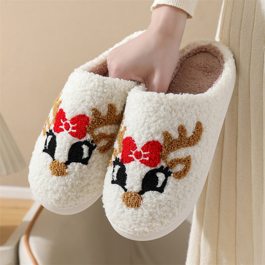 Pantuflas navideñas de algodón con estampado de zorro y lazo para interiores y exteriores, cálidas y de felpa. 