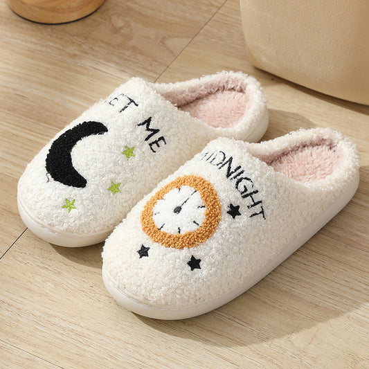 Pantuflas de algodón con estampado de letras de luna para interiores y exteriores, cálidas y de felpa. 