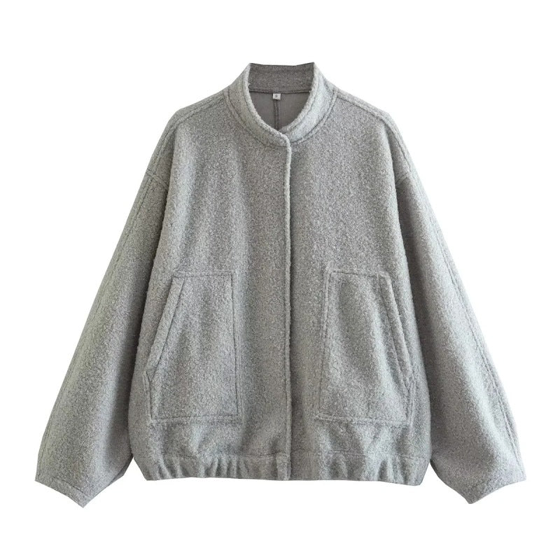 Chaqueta informal holgada estilo urbano Y2K con cuello alto y botones ocultos 