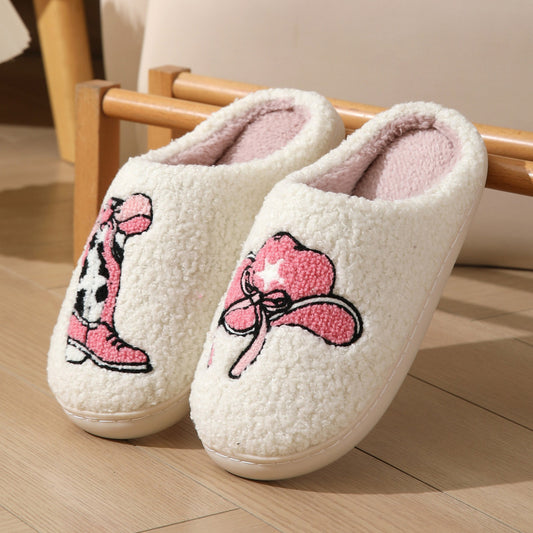 Pantuflas de algodón con estampado de sombrero y botas rosas de vaquero para interior y hogar, pantuflas cálidas de felpa 