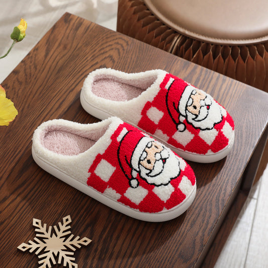 Pantuflas de invierno unisex con estampado navideño de Papá Noel y cuadros rojos 
