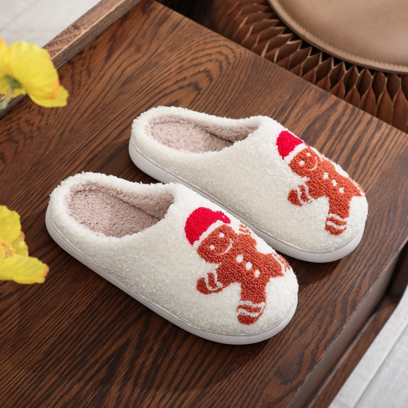 Pantuflas peludas unisex de invierno con diseño de hombrecito de jengibre navideño 