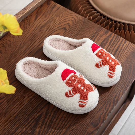 Pantuflas peludas unisex de invierno con diseño de hombrecito de jengibre navideño 
