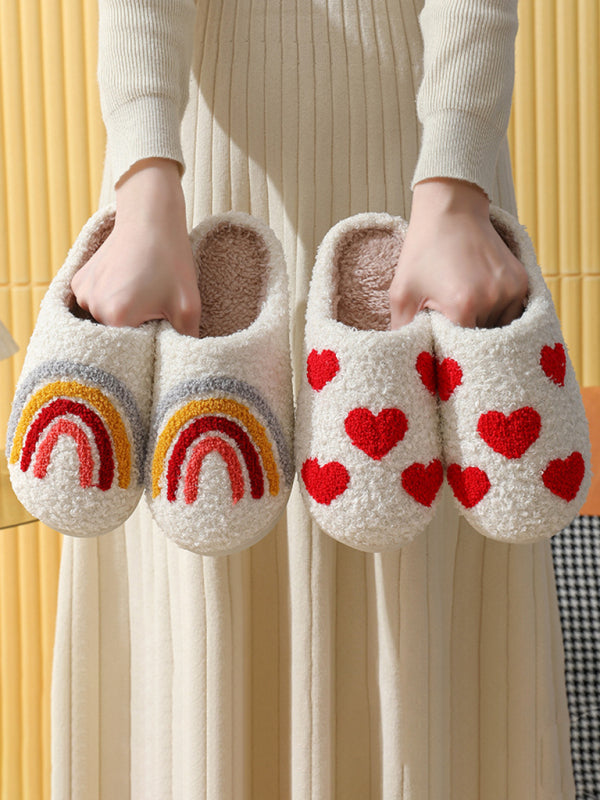 Bonitas pantuflas de algodón con estampado de arcoíris para interiores y exteriores, pantuflas cálidas de felpa. 