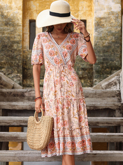 Vestido midi vintage con cuello en V y estampado de hongos rosas para mujer 