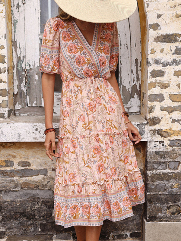 Vestido midi vintage con cuello en V y estampado de hongos rosas para mujer 