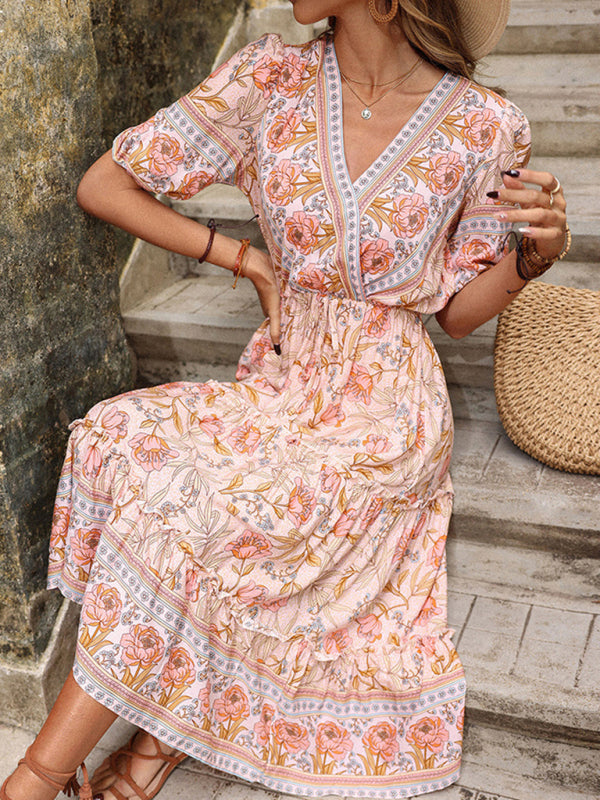 Vestido midi vintage con cuello en V y estampado de hongos rosas para mujer 