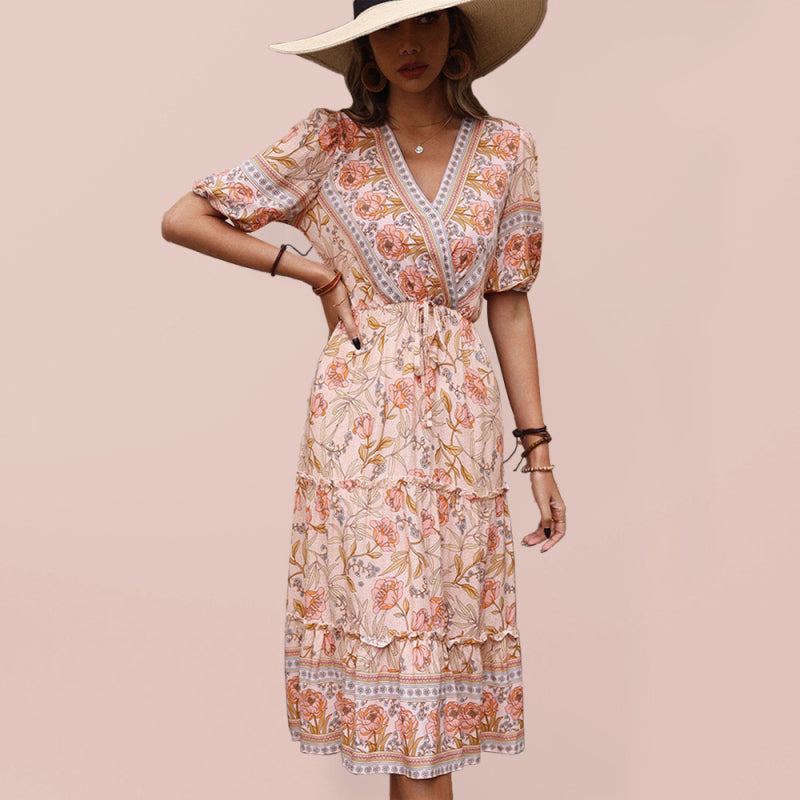 Vestido midi vintage con cuello en V y estampado de hongos rosas para mujer 