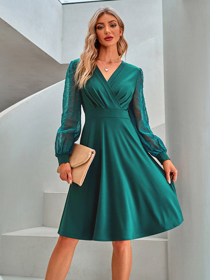 Vestido Jacquard de color liso con escote en V para mujer 