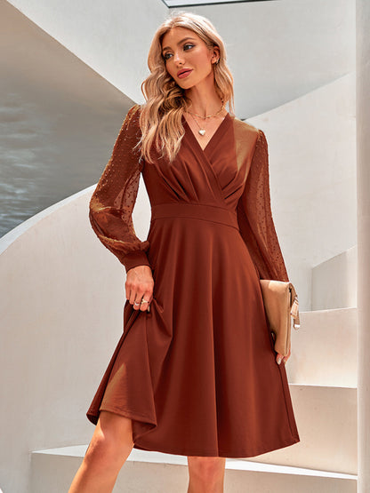 Vestido Jacquard de color liso con escote en V para mujer 