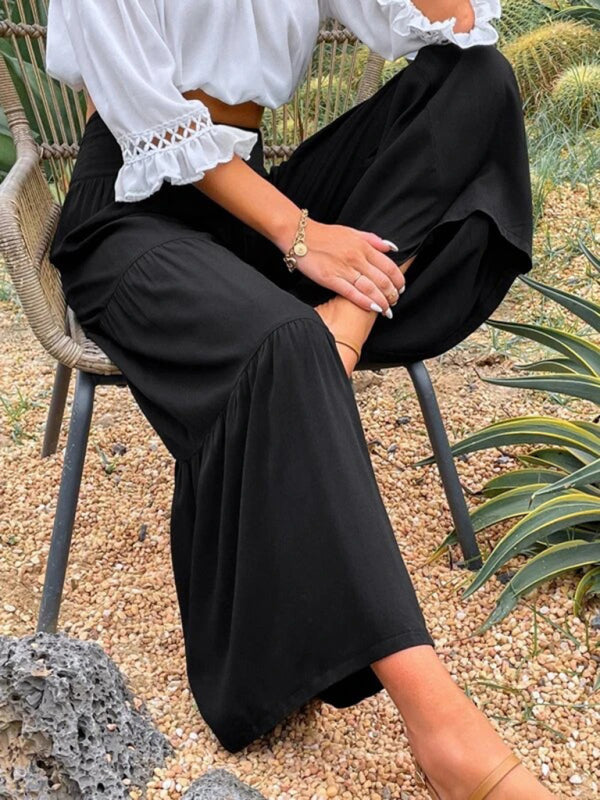 Pantalones casuales holgados de cintura alta de algodón y lino con pierna ancha para mujer 