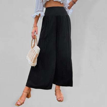 Pantalones casuales holgados de cintura alta de algodón y lino con pierna ancha para mujer 