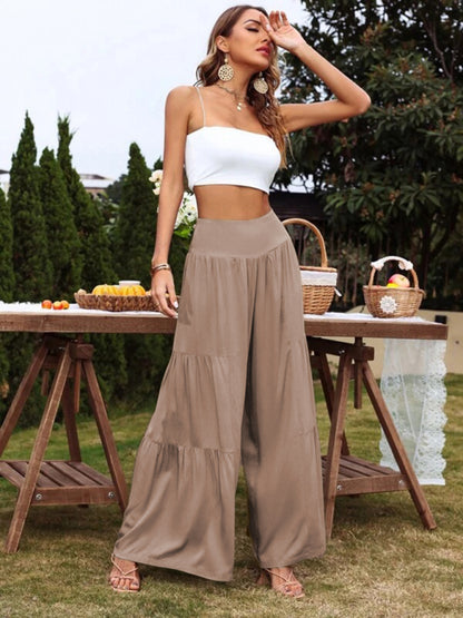 Pantalones casuales holgados de cintura alta de algodón y lino con pierna ancha para mujer 