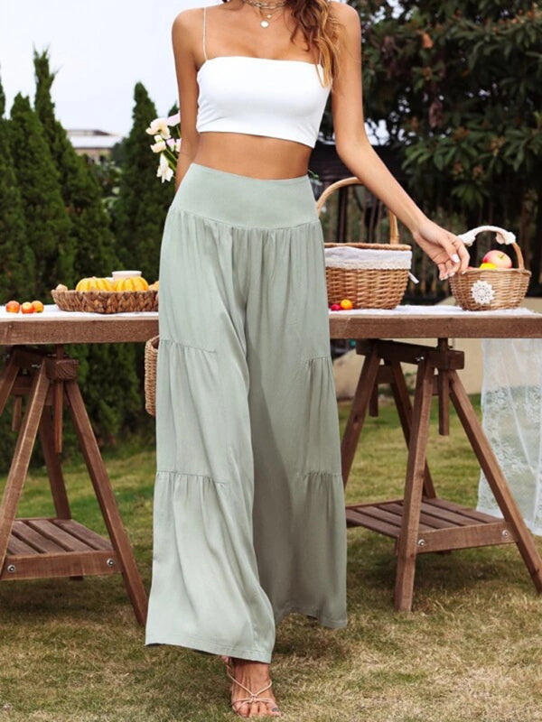Pantalones casuales holgados de cintura alta de algodón y lino con pierna ancha para mujer 