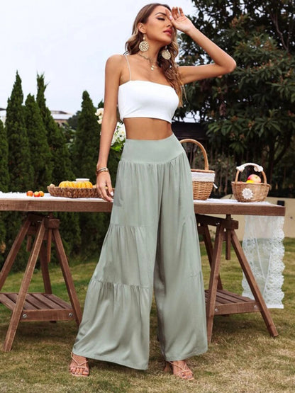 Pantalones casuales holgados de cintura alta de algodón y lino con pierna ancha para mujer 