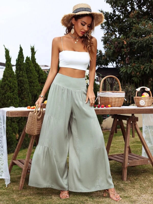 Pantalones casuales holgados de cintura alta de algodón y lino con pierna ancha para mujer 