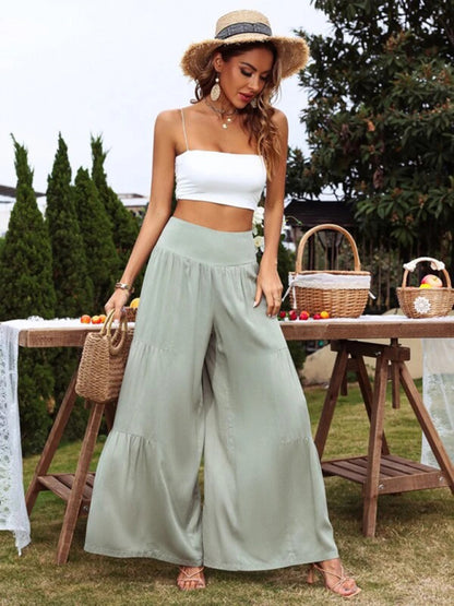 Pantalones casuales holgados de cintura alta de algodón y lino con pierna ancha para mujer 