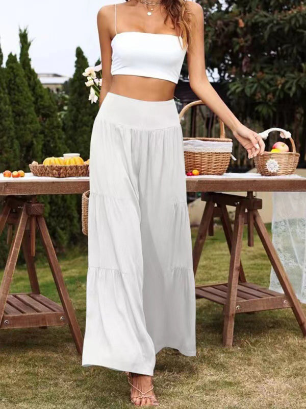 Pantalones casuales holgados de cintura alta de algodón y lino con pierna ancha para mujer 