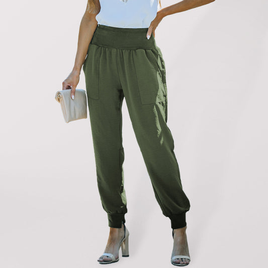 Pantalones de estar por casa de color liso con cintura alta, acanalados y bolsillos 