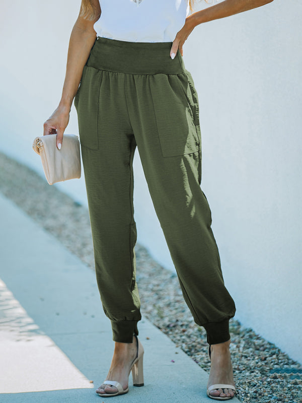 Pantalones de estar por casa de color liso con cintura alta, acanalados y bolsillos 