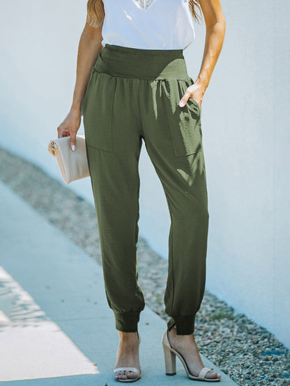 Pantalones de estar por casa de color liso con cintura alta, acanalados y bolsillos 