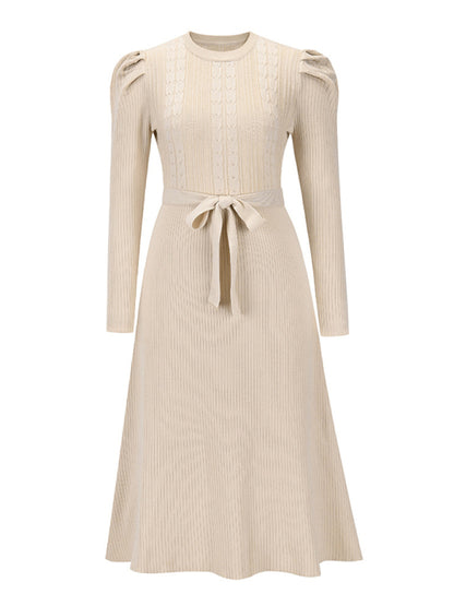 Women's wool knitted puff sleeve high waist mid length dress