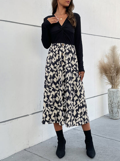 Women's V-neck Kink Long-sleeve Stitching Color Contrast Dress