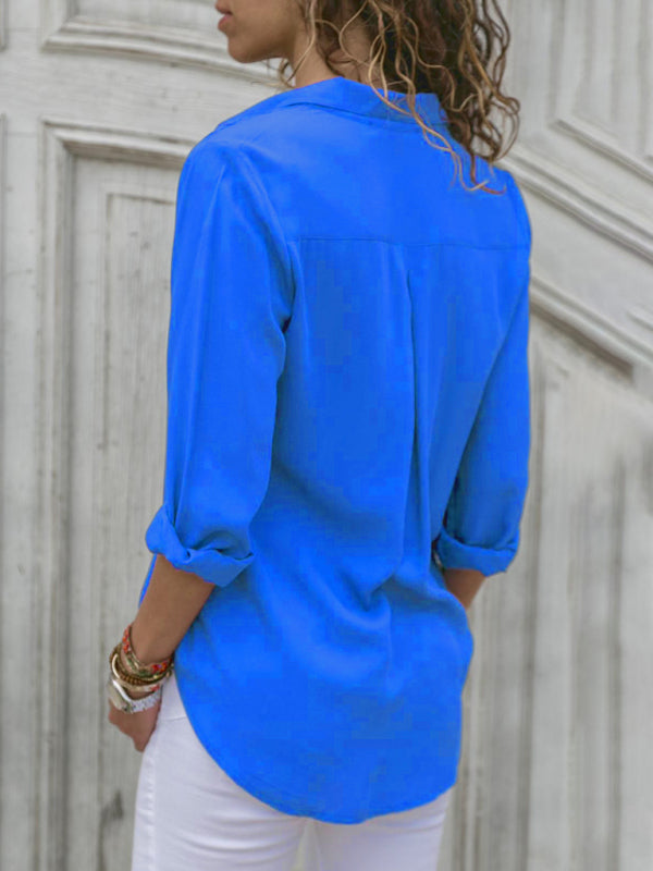 Blusa elegante de poliéster con cuello de solapa y diseño propio para mujer 