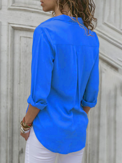 Blusa elegante de poliéster con cuello de solapa y diseño propio para mujer 