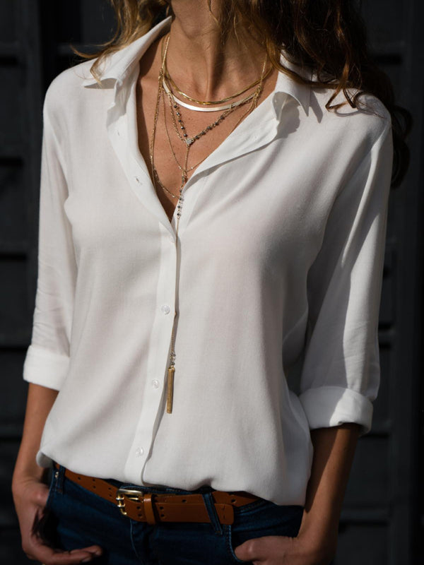 Blusa elegante de poliéster con cuello de solapa y diseño propio para mujer 