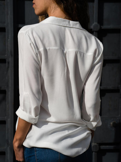 Blusa elegante de poliéster con cuello de solapa y diseño propio para mujer 