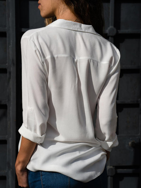 Blusa elegante de poliéster con cuello de solapa y diseño propio para mujer 